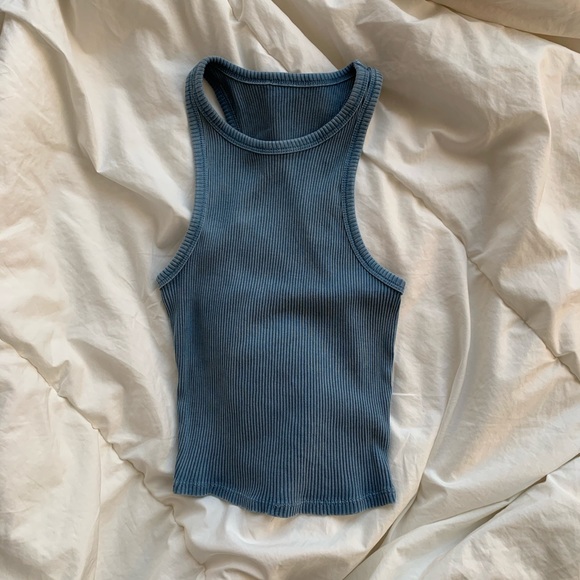 Blue ribbed high neck tank top